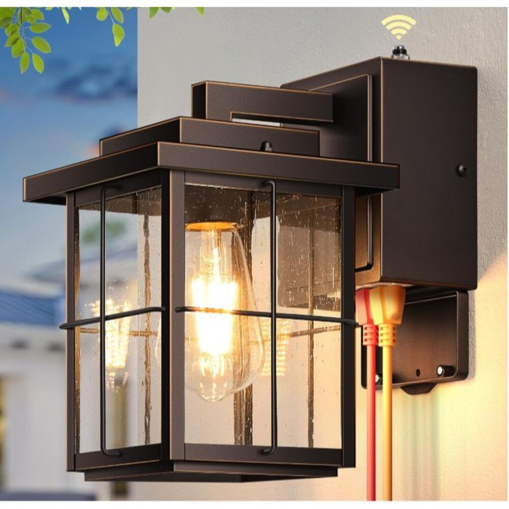 Gleamz Outdoor Wall Light with GFCI Outlet – Dusk to Dawn Sensor – ORB Gold Trim